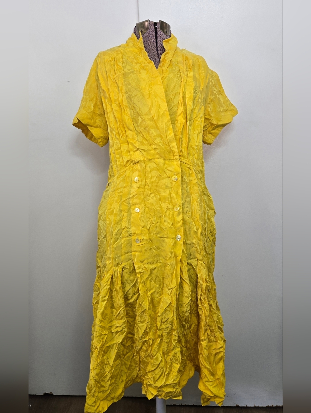 Womens Vintage 80s 90s Argenti  Yellow button wrap Dress 100% Pure Silk size 12
